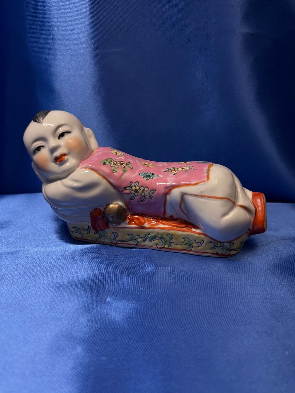 Vintage Porcelain Famille Rose Asian Resting Boy on Pillow